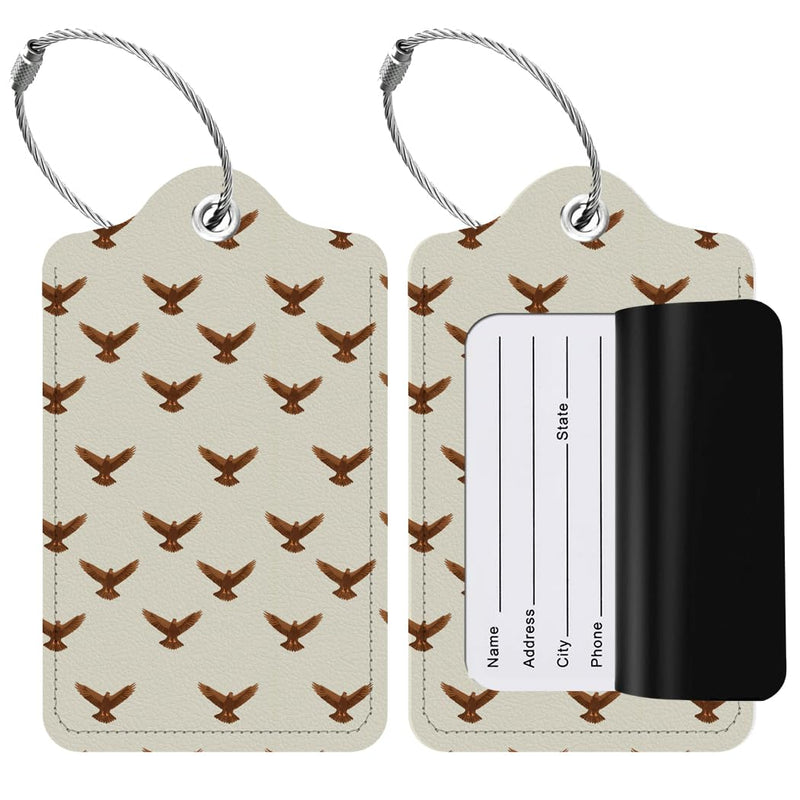 2 Pack Leather Luggage Tags, Eagles Brown Flight Pattern, Suitcase Tags for Baggage Handbag Travel Bag Label