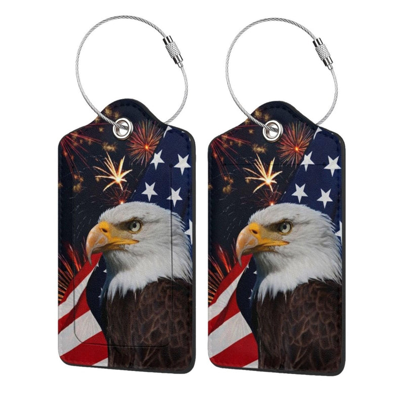 2 Pack Luggage Tags Travel American Flag Eagle PU Cute Leather Luggage Tag Name ID Labels with Privacy Cover Suitcases Women Men Girls Boys Fun Laggage Tags (American Eagle Flag)