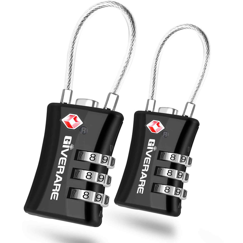 2 Pack TSA Approved Luggage Locks, Cable Suitcase Travel Lock Alloy, Set Your Own Combination Metal Zipper Padlock, 3 - Digit Long Shackle Padlocks for Gym Locker, Golf Bag, Case Anti Theft - Black