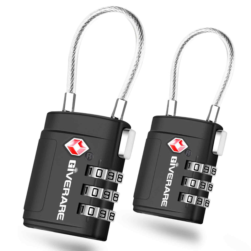 2 Pack TSA Approved Luggage Locks, Cable Travel Lock Alloy, Set Your Own Combination Metal Suitcase Zipper Padlock, 3 - Digit Long Shackle Padlocks for Gym Locker, Golf Bag, Case Anti Theft - Black
