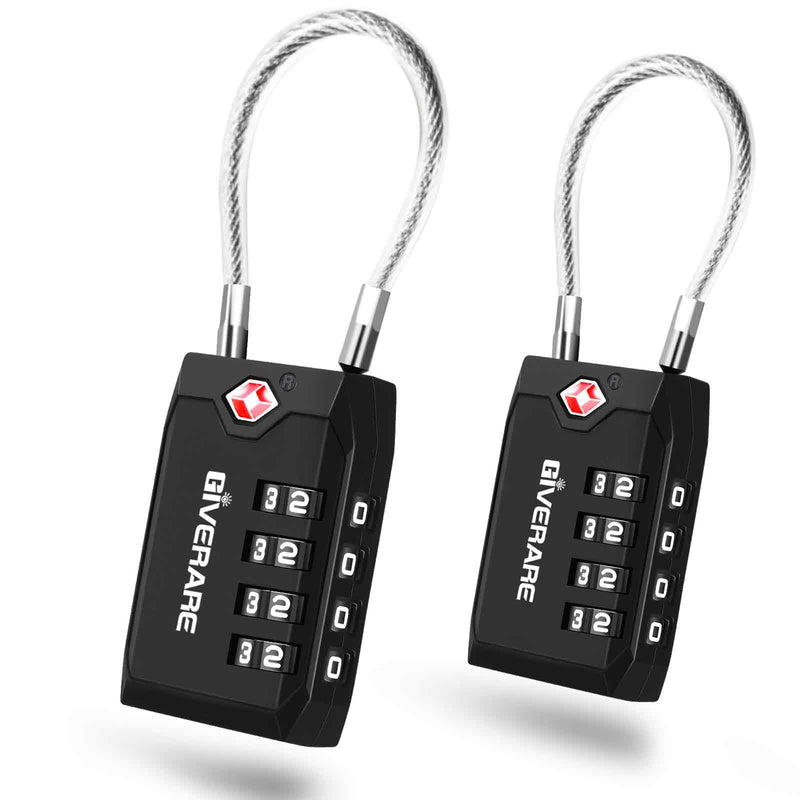 2 Pack TSA Approved Travel Luggage Locks, 4 - Digit Cable Combination Suitcase Lock, Metal Alloy Padlocks, Weatherproof Padlock for Locker, Bag, Gun Case, Backpack, Anti Theft, Easy Read Dials - Black