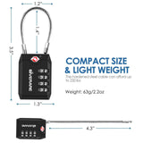 2 Pack TSA Approved Travel Luggage Locks, 4 - Digit Cable Combination Suitcase Lock, Metal Alloy Padlocks, Weatherproof Padlock for Locker, Bag, Gun Case, Backpack, Anti Theft, Easy Read Dials - Black