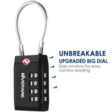 2 Pack TSA Approved Travel Luggage Locks, 4 - Digit Cable Combination Suitcase Lock, Metal Alloy Padlocks, Weatherproof Padlock for Locker, Bag, Gun Case, Backpack, Anti Theft, Easy Read Dials - Black