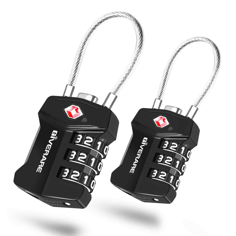 2 Pack TSA Approved Travel Luggage Locks, Cable Combination Lock Alloy, Metal Keyless 3 - Digit Padlocks, Weatherproof TSA Accepted Padlock for Gym Locker, Golf Bag Case, Backpack, Black - by GIVERARE