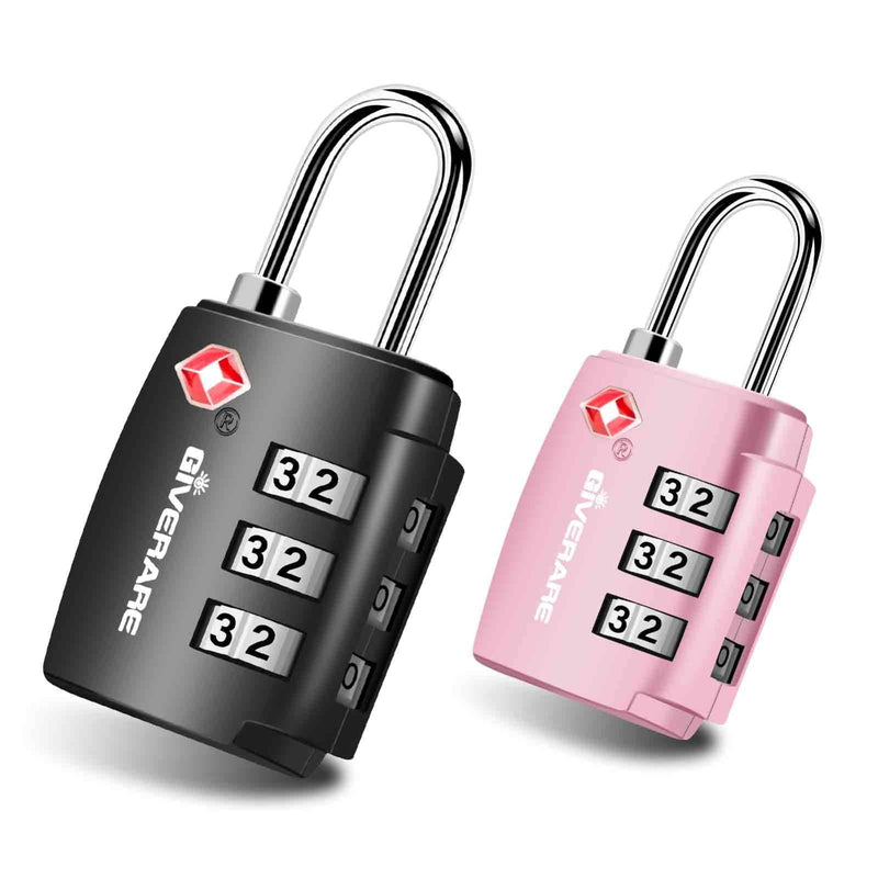 2 Pack TSA Approved Travel Luggage Locks, Combination Lock Alloy Body, Keyless 3 - Digit Padlocks, Travel Sentry Accepted Compatible Padlock for Gym Locker, Golf Bag Case, Backpack, Black - by GIVERARE