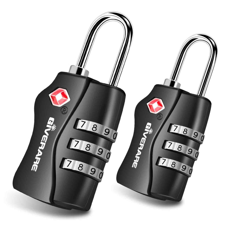 2 Pack TSA Approved Travel Luggage Locks, Combination Lock Keyless, 3 - Digit Padlocks, Travel Sentry Accepted Compatible Padlock for Gym Locker, Golf Bag Case, Backpack, Black - by GIVERARE