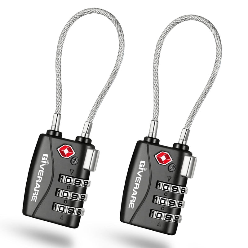 2 Pack TSA Approved Travel Luggage Locks, Long Cable Combination Lock Alloy, Metal Keyless 3 - Digit Padlocks, Weatherproof TSA Accepted Padlock for Toolbox Gym Locker Golf Bag Case Backpack - Black