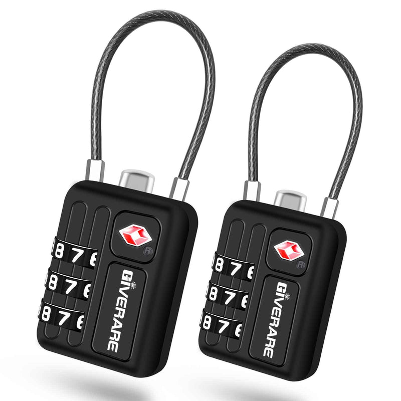 2 Pack TSA Approved Travel Luggage Locks, Metal Cable Combination Lock Alloy, Keyless 3 - Digit Padlocks, Weatherproof TSA Accepted Padlock Toolbox Lock for Gym Locker, Golf Bag Case, Backpack, Black