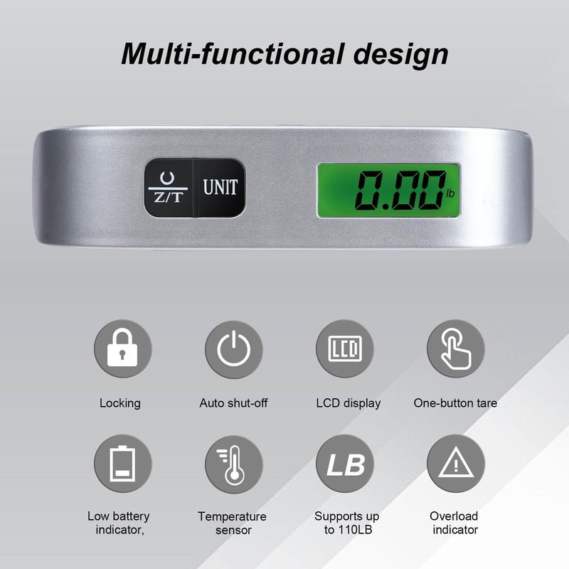 2 Pcs - silver Travel Digital Luggage Scale - Portable Baggage Scale - Suitcase Weight Scale - Ideal for Travel Scale Luggage Weight - 110LB/50KG, Includes Battery - Temperature Display Hanging Scales