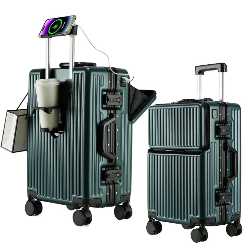 2 - Piece Hardshell Zipperless Luggage Set, 20/26" Aluminum Frame Hardshell Spinner Luggage, Airline Approved Carry - On Luggage, TSA Lock, 360° Quiet Wheels With Cup Holder (green)
