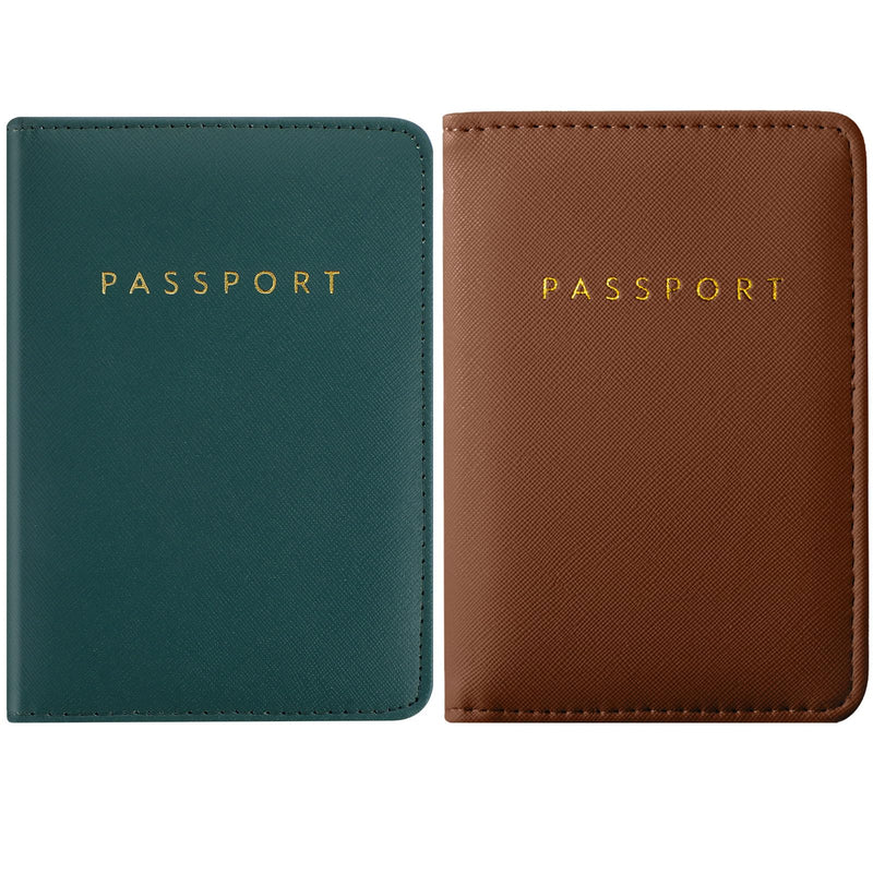 2 Pieces Bridal Passport Covers Holder Travel Wallet Passport Case, Brown and Green,