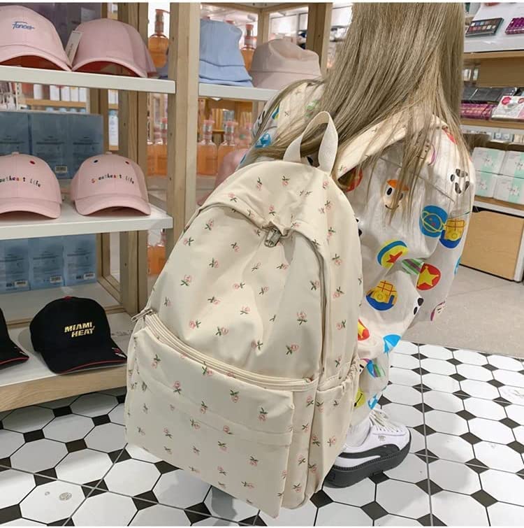2026 Cute Preppy Bag Floral Printed Kawaii Backpack Cottagecore Aesthetic Backpack Laptop Daypack (White)