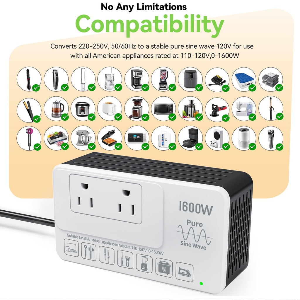 220V to 110V Converter for European International Travel - Eleclead 1600W Voltage Converter US to Europe for Hair Dryer, Straightener, Curling Iron, Plug & Play - Power Any U.S. Appliances in 220 - 250V