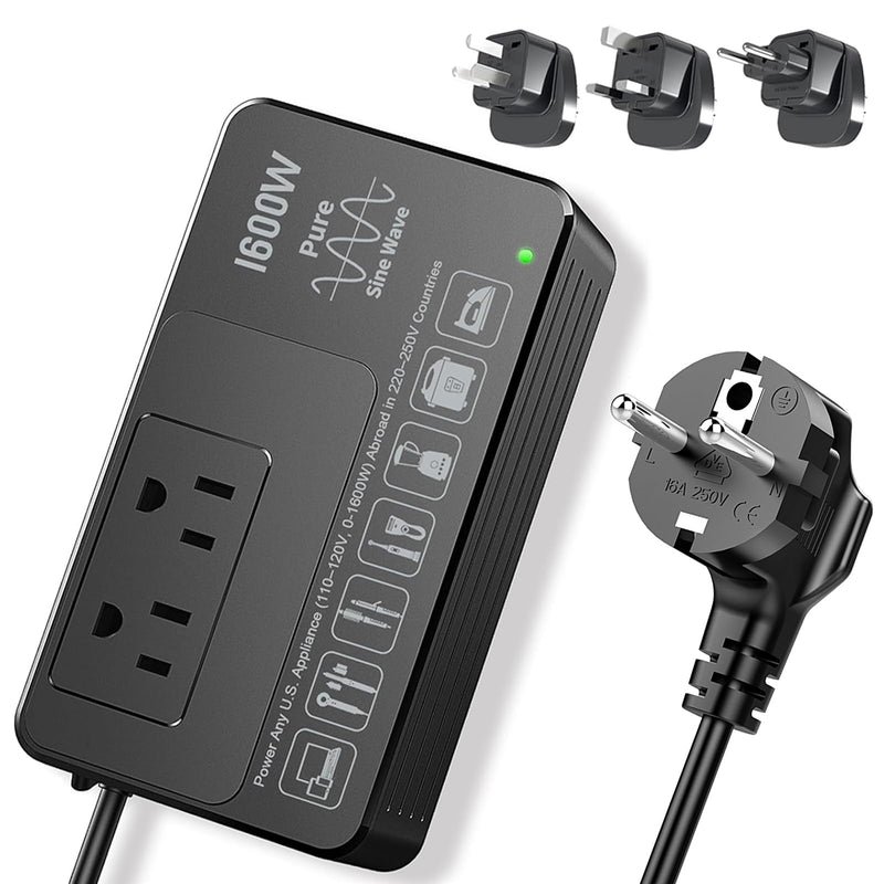 220V to 110V Voltage Converter US to Europe, Universal Power Plug Adapter Voltage Converter for European International Travel, 1600W - Plug & Play, Power Any U.S. Appliance in 220–250V Countries