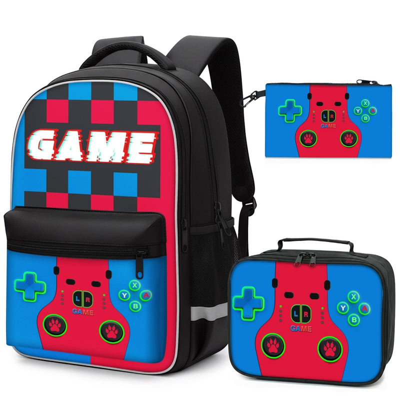 3 - in - 1 Gamer Backpack Set for Boys Teens - 16.5 Inch Large Capacity Video Game Bookbag with Insulated Lunch Bag & Sturdy Pencil Pouch, Fits Laptop/Textbooks, Ideal for Elementary Middle High College