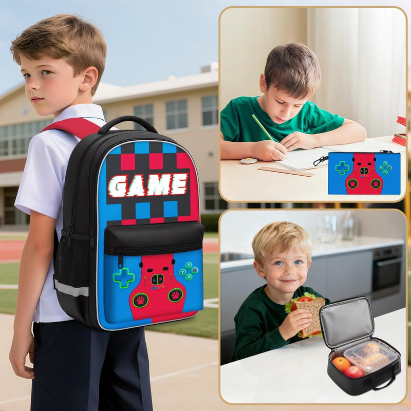 3 - in - 1 Gamer Backpack Set for Boys Teens - 16.5 Inch Large Capacity Video Game Bookbag with Insulated Lunch Bag & Sturdy Pencil Pouch, Fits Laptop/Textbooks, Ideal for Elementary Middle High College