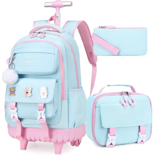 3-IN-1 Rolling Backpack for Girls with Lunch Bag Pencil case, Kawaii Backpack with Wheels for Girls, Roller School Bag with Wheels for | Backpacks4Less
