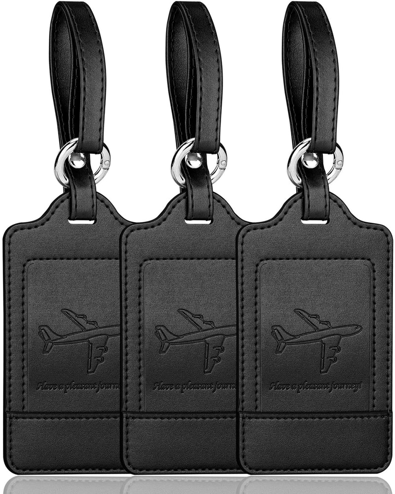 3 Pack Luggage Tags - Quick Install, Privacy Protection, Airplane Travel Essentials for Suitcases, Durable Leather - Black