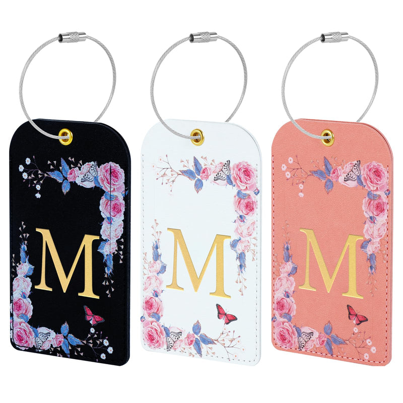 3 Pack Luxury Floral Luggage Tags, Durable PU Leather Suitcase Tags with Stainless Steel Cable Strap, Hidden ID Slot for Privacy Protection, Easy to Identify Waterproof Travel Accessories Gift (M)