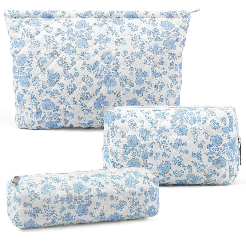 3 Pcs Makeup Bag Cosmetic Bag Set for Girls Women Checkered Travel Organizer Bathroom Toiletry Pouch Large Capacity Storage Bag(Blue Flower)