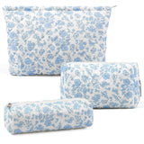 3 Pcs Makeup Bag Cosmetic Bag Set for Girls Women Checkered Travel Organizer Bathroom Toiletry Pouch Large Capacity Storage Bag(Blue Flower)