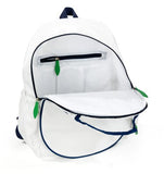 Ame & Lulu Game On Tennis Backpack - Contains Padded & Adjustable Straps - Two Exterior Water Bottle Pockets - White/Navy/Green