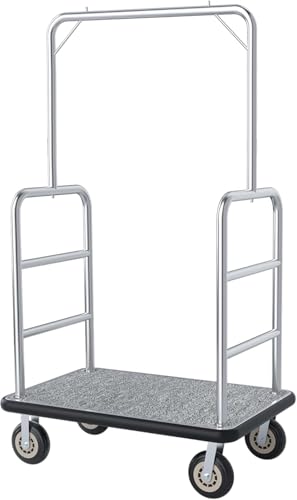 Heavy Duty Luggage Cart - Commercial Grade Hotel Luggage Trolley, Deluxe Rectangular Steel Bellman Cart with Platform for Hotels Use (Sliver - 42'' X 26'' X 70'')