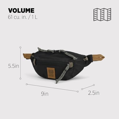 Topo Designs Mountain Waist Pack – Durable Lightweight Hip Pack, Shoulder Sling Bag for Daily Essentials, Adjustable Fit, 2 Storage Pockets, 410D Nylon Ripstop, 2L capacity (Black/Natural)