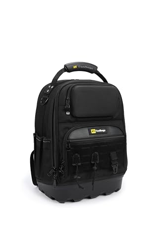 HY Toolbags Tech Pac Pro Professional Tool Backpack with 49 Pockets, Black Nylon, Waterproof Base, Heavy Duty Zipper, 32L Capacity, Tool Organizer for Electrician and HVAC
