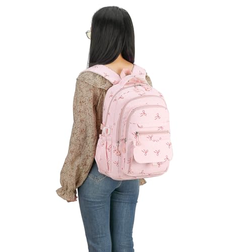 RTGNEI Kids High Middle School Backpack for Girls Travel Kawaii Laptop Coquette Bow Bookbag,Pink Bow