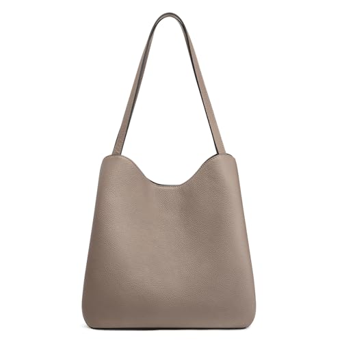 S-ZONE Soft Genuine Leather Tote Bag for Women Shoulder Handbag with Zipper Purses with Bottom Metal Rivets (khaki)