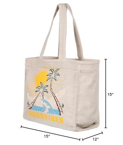 Roxy Large Capacity Lightweight Causal Cotton Canvas Beach Tote Bag, Drink The Wave - Nautral