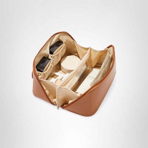 EACHY Travel Makeup Bag,Large Capacity Cosmetic Bags for Women,Waterproof Portable Pouch Open Flat Toiletry Bag Make up Bag with Divider and Handle, Gifts for Women (Brown, Medium)