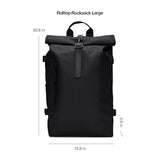 RAINS Rolltop Rucksack Large – Black Waterproof Rolltop Backpack Water Resistant Water Repellent Commuter Travel Pack Urban Minimalist Design – 2 Year Warranty