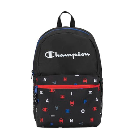 Champion Kids' Merit Backpack with Padded Straps, Water Bottle Pocket and Laptop Compartment for Daily Use, Black Combo, One Size