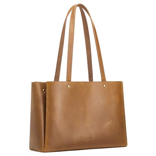 S-ZONE Genuine Leather Tote Bag for Women Work Large Shoulder Handbag with Zipper Compartment for Travel Professional (light brown)
