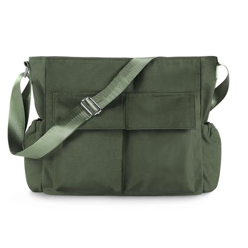 Canvas Messenger Bag Crossbody Shoulder Bag for Men and Women Vintage Tote Laptop Bag Large Hobo Bag with Multiple Pockets (Army Green)