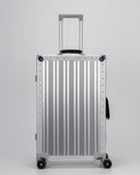 PORTAR Aluminum Checked Luggage, Anodized Aluminum and Leather Handles, Lunar Silver
