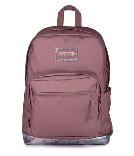 JanSport Right Pack Expressions Backpack – 15-inch Padded Laptop Compartment, Water Bottle Pocket, Utility Pocket with Flap, Bog Glam Suede Mahogany Haze/Brn/Pink
