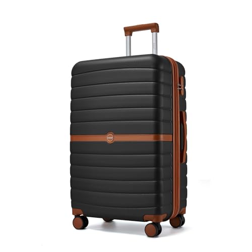 Kono Expandable 28 Inch Luggage with Spinner Wheels, Large Checked Luggage with Lock, Lightweight & Anti-Scratch PC+ABS Hardshell Travel Suitcase, Black/Brown