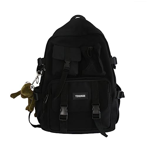 MININAI Aesthetic Backpack with Cute Frog Pendant for Women Men Preppy Laptop Backpack Japanese Harajuku College Backpack (Black,One Size)