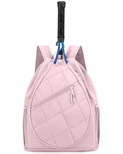 ecosmile Drawstring Backpack Sports Gym Bag, Puffer Tennis Racket Bag with Shoe Compartment & Wet Pocket Pickleball Badminton Bag for Women (Pink)