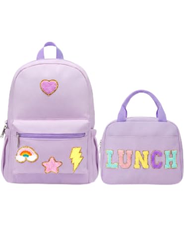 Bulyoou School Backpack Set for Girls Back to School Gift for Kids Preppy Bookbag Lunch Bag Cute Backpack with Chenille Patch(Purple)