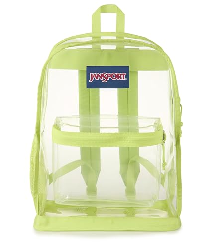JanSport Clear Pack – 25.5L Transparent Backpack, Large Main Compartment, Side Water Bottle Pocket, Front Zippered Pocket, Mesh Bottom Panel, Citron Lime
