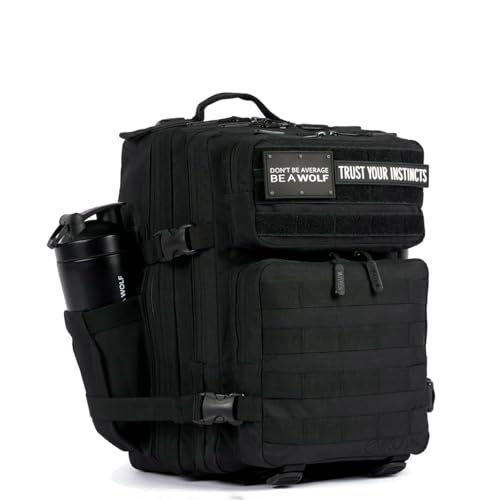 WOLFpak 25L Tactical Gym Backpack (Alpha Black) Durable 1000D Waterproof Oxford Material with MOLLE Webbing, Laptop Pocket & Dual Cup Holders