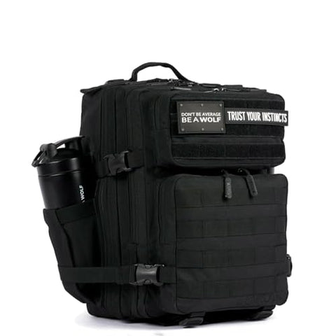 WOLFpak 25L Tactical Gym Backpack (Alpha Black) Durable 1000D Waterproof Oxford Material with MOLLE Webbing, Laptop Pocket & Dual Cup Holders