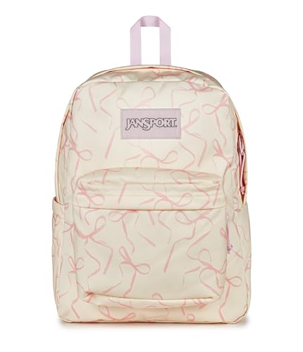 JanSport SuperBreak Plus Backpack with Padded 15-inch Laptop Sleeve and Integrated Bottle Pocket - Spacious and Durable Daypack for Work and Travel, Rows Of Bows Natural/Pink Ice