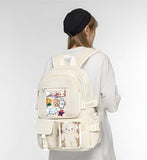 PRLINJSK Kawaii Backpack for Teen Girls, Cute Aesthetic High Middle School College Bookbag with Accessories, Beige