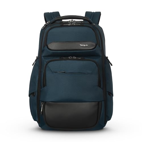 Targus HeritageLuxe Backpack 15-16” – Blue Laptop Bag with SafeSling Protection, RFID Pocket, USB-C Charging, Tracker Slot, Eco Fabric, Leather Accents - TBB65602GL