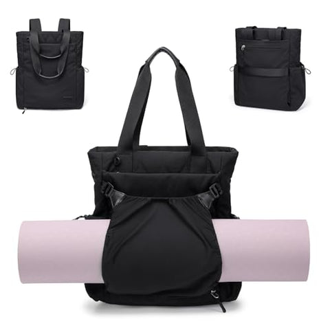 GOLF SUPAGS 3-in-1 Laptop Tote Backpack for Women 15.6" Quilted Work Gym Bag with Hidden Yoga Mat Carrier for Travel Leisure (Black)